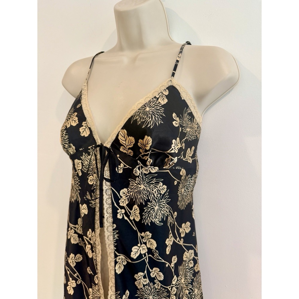 Victorias Secret Mini Slip Dress Open Tie Front Black Floral Satin Lace Sz S Y2K - Picture 9 of 11